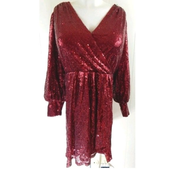 Eloquii Sequin Faux Wrap Puff Sleeve Dress - Picture 2 of 4